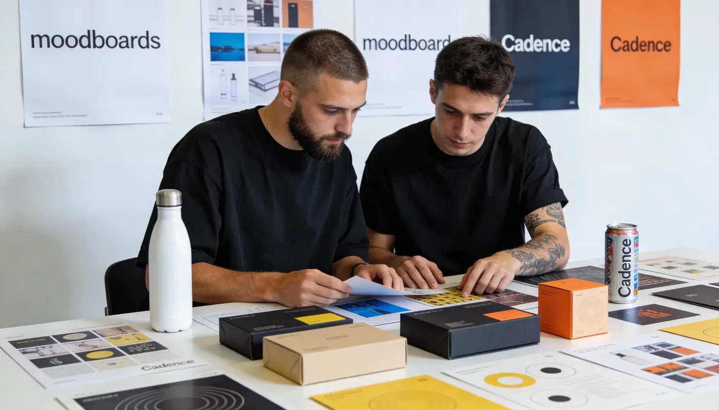 Two designers reviewing moodboards and packaging samples