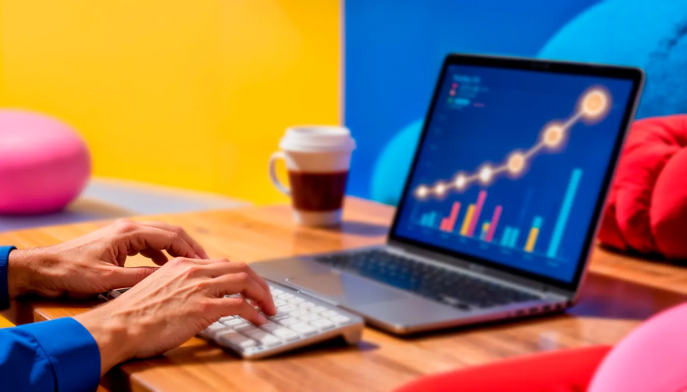 Hands typing on a laptop showing a rising chart