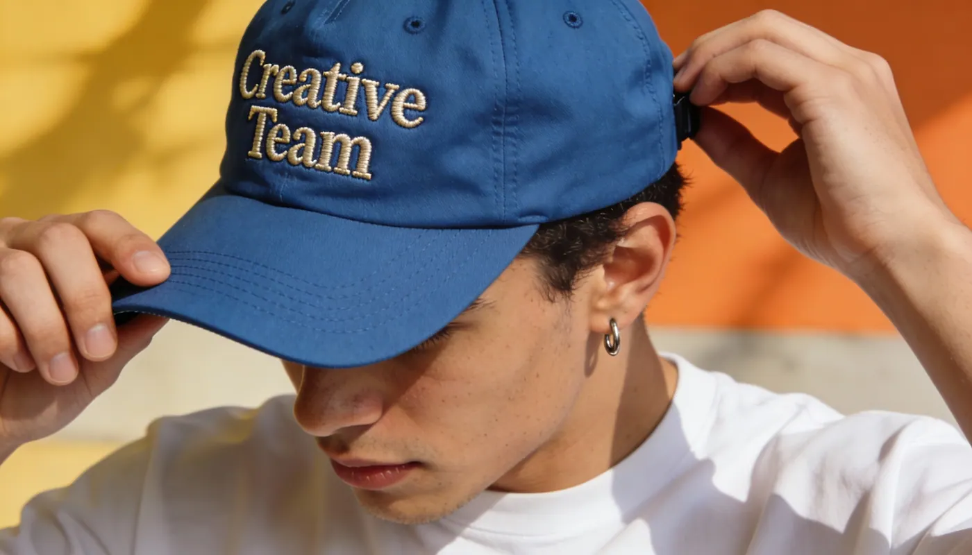 A young man adjusting a Creative Team cap