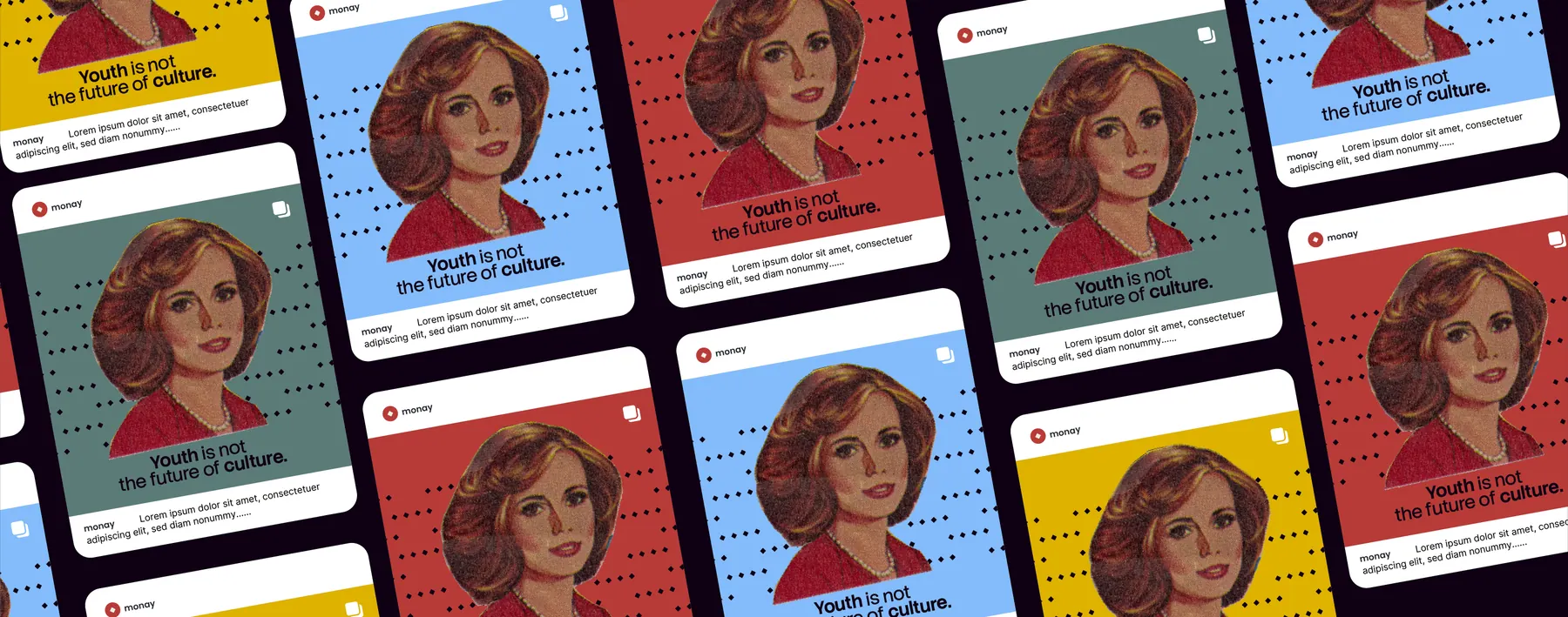 A wall of illustrated social posts in red, yellow and blue