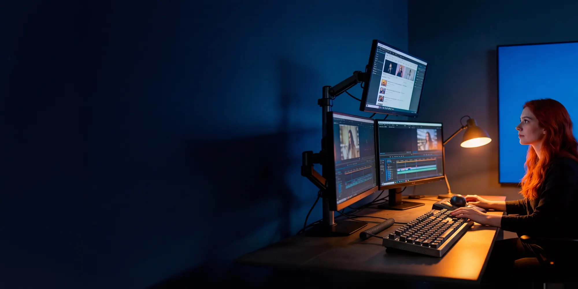 An editor working late at a multi-screen desk in a blue-lit studio