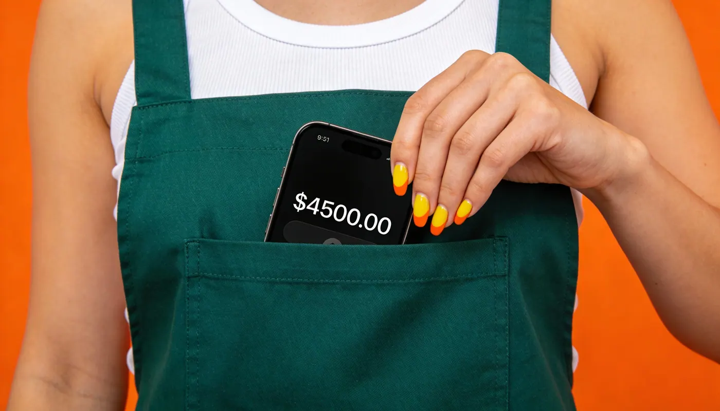 A phone showing a payment tucked into an apron pocket