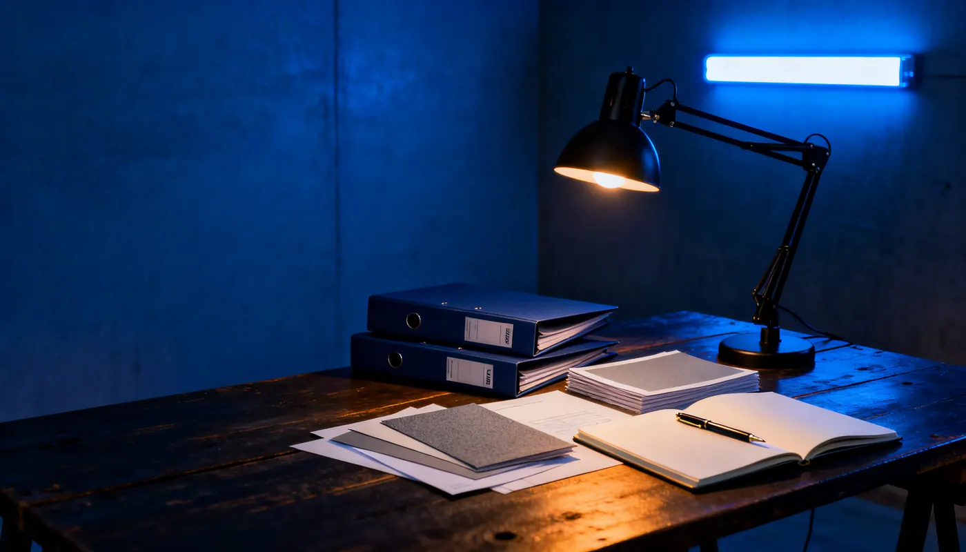 Binders and notebooks under a desk lamp in a blue studio