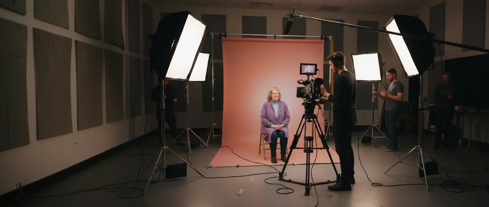 An interview being filmed on a set with lights and a peach backdrop