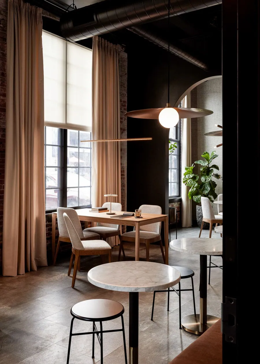Suite 101: a dining room with tall windows and arched doorways