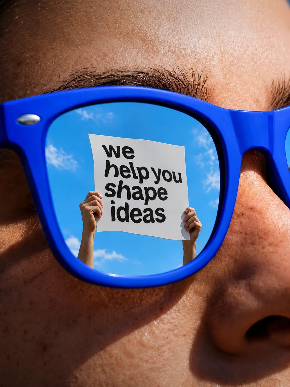 Blue sunglasses reflecting a sign that reads we help you shape ideas