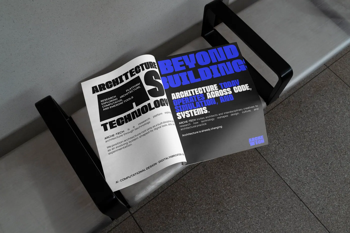 An Arche-tech magazine open on a bench