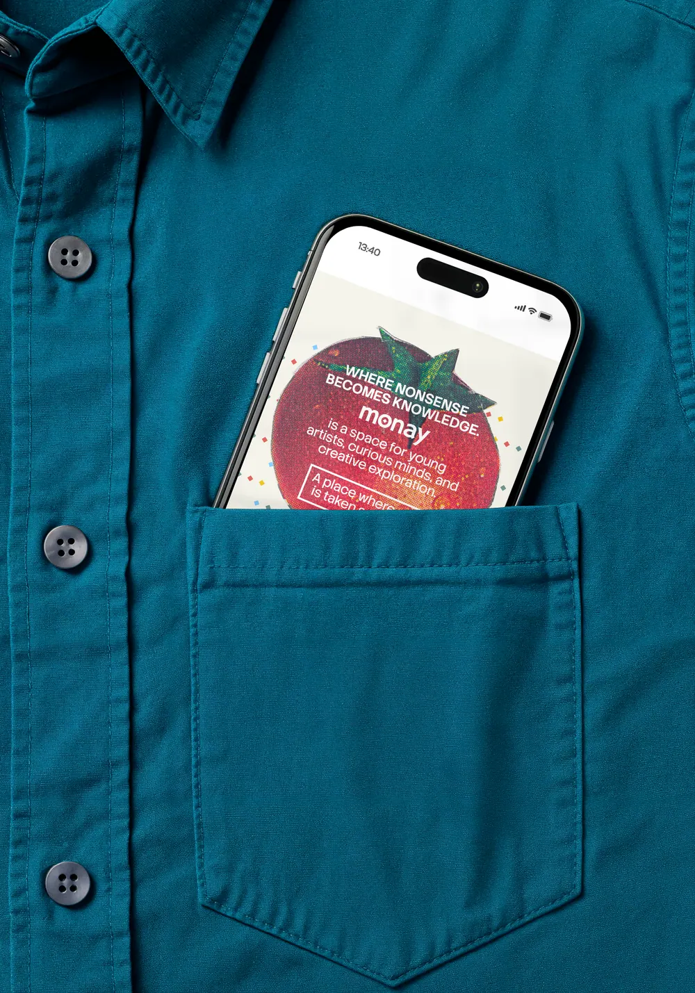 A phone showing Monay tucked into a shirt pocket