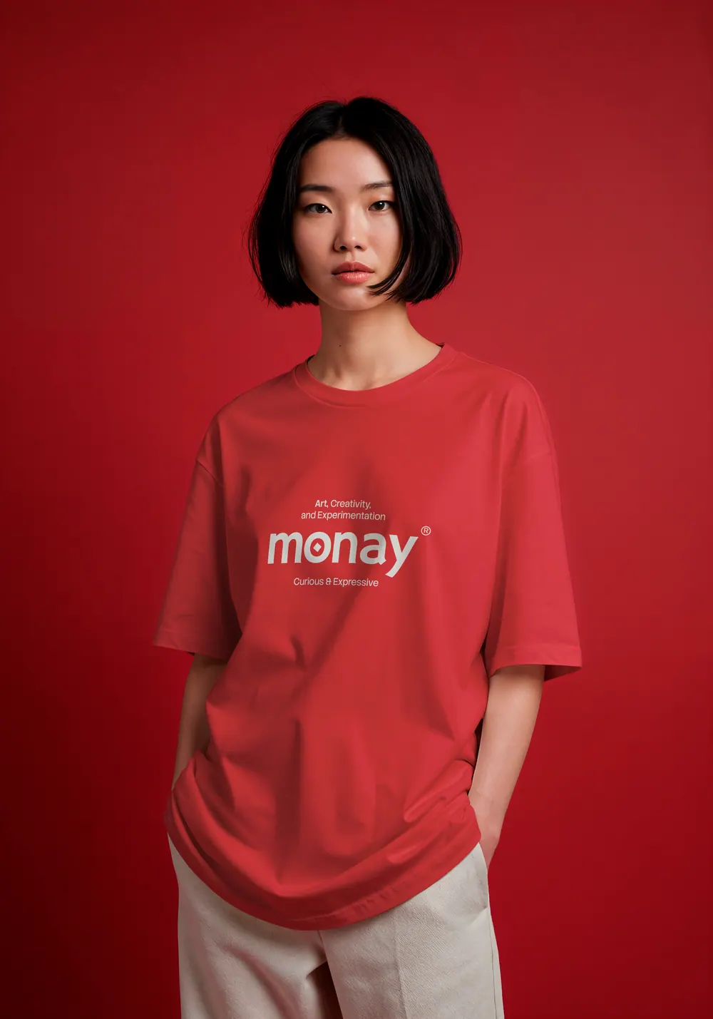 A model in a red Monay t-shirt