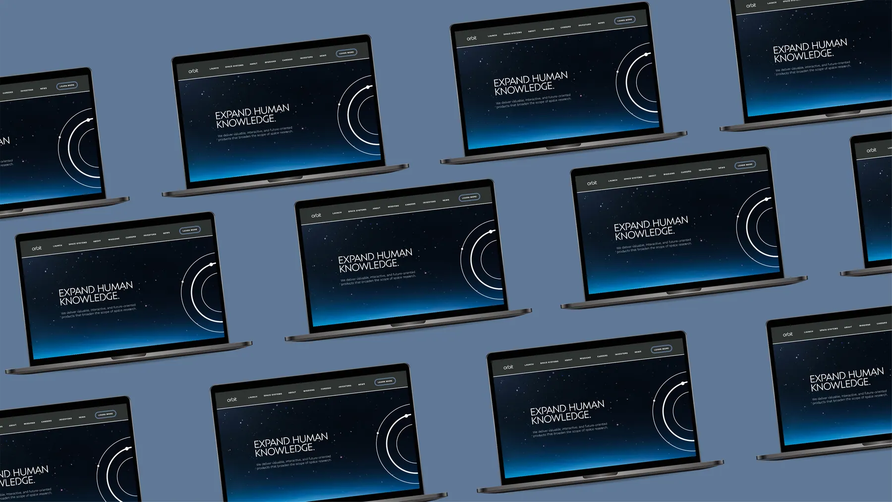 The Orbit website repeated across a wall of laptops
