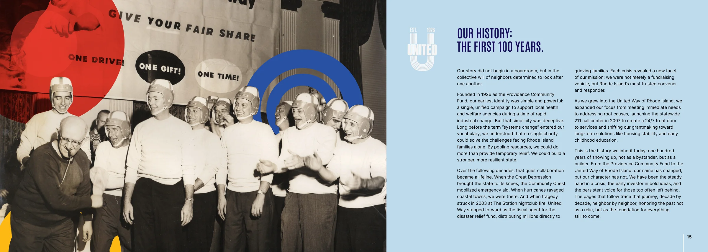 Our history, the first 100 years: an archival photo of the fair share drive inside red and blue rings