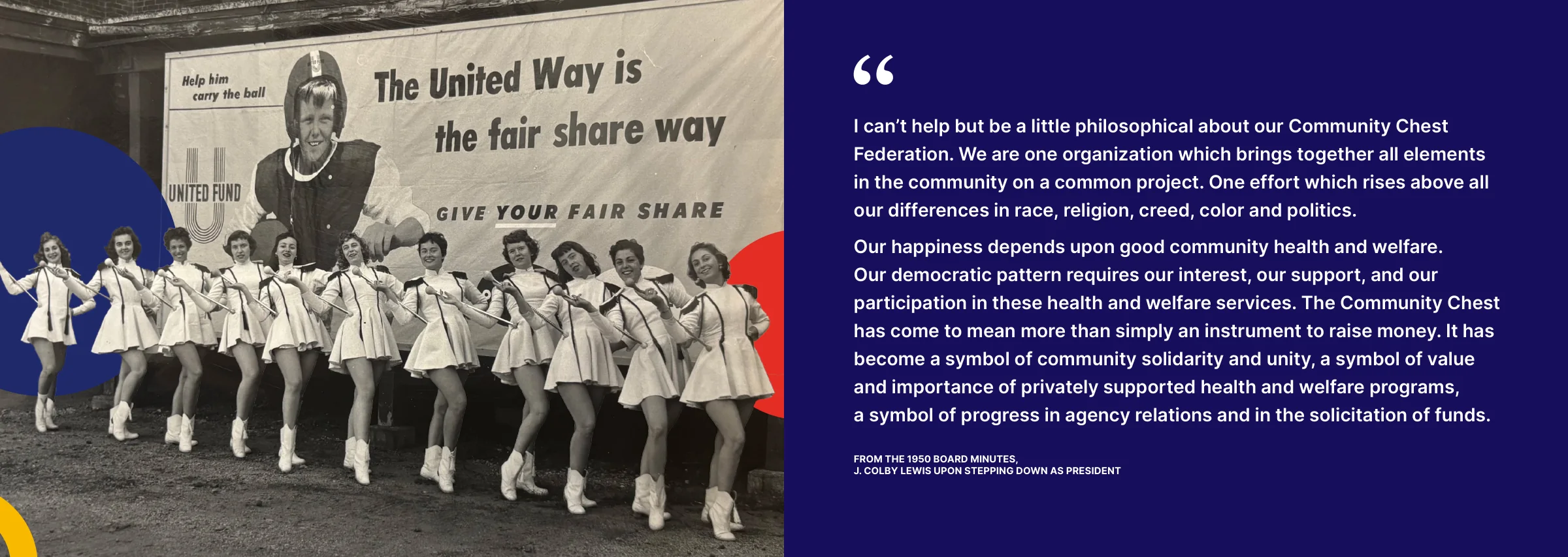 The United Way is the fair share way: an archival banner beside a quote on navy