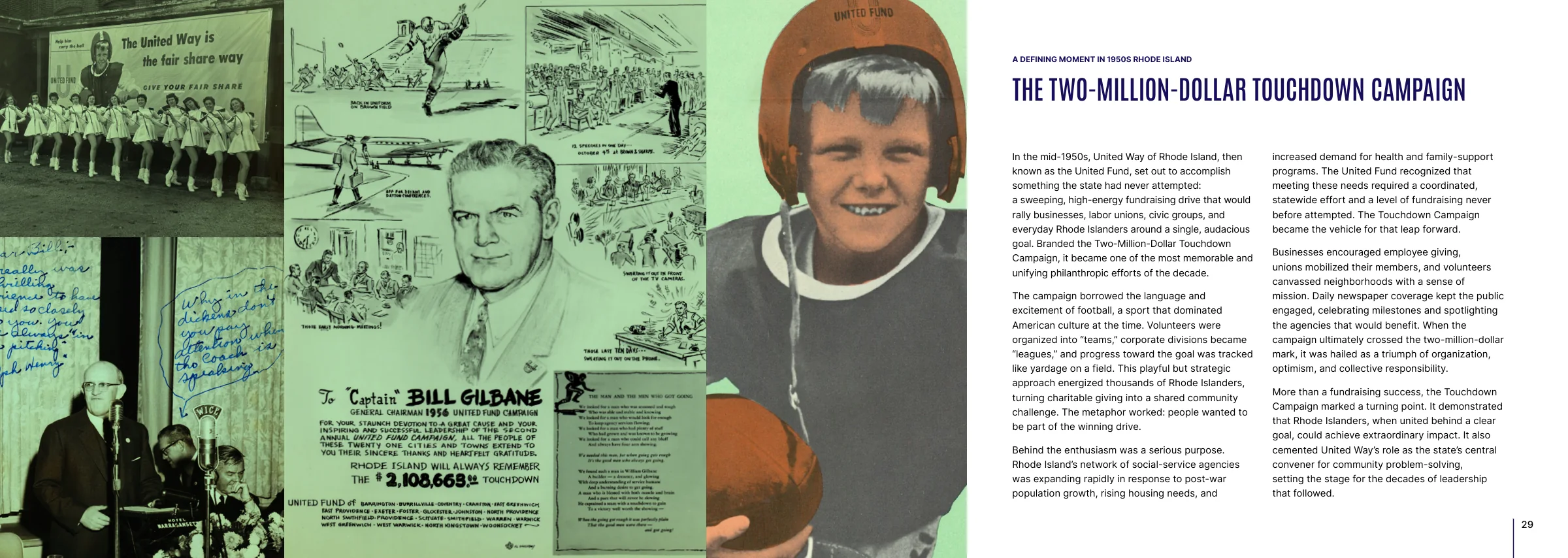 The two-million-dollar touchdown campaign, with archival photos on green