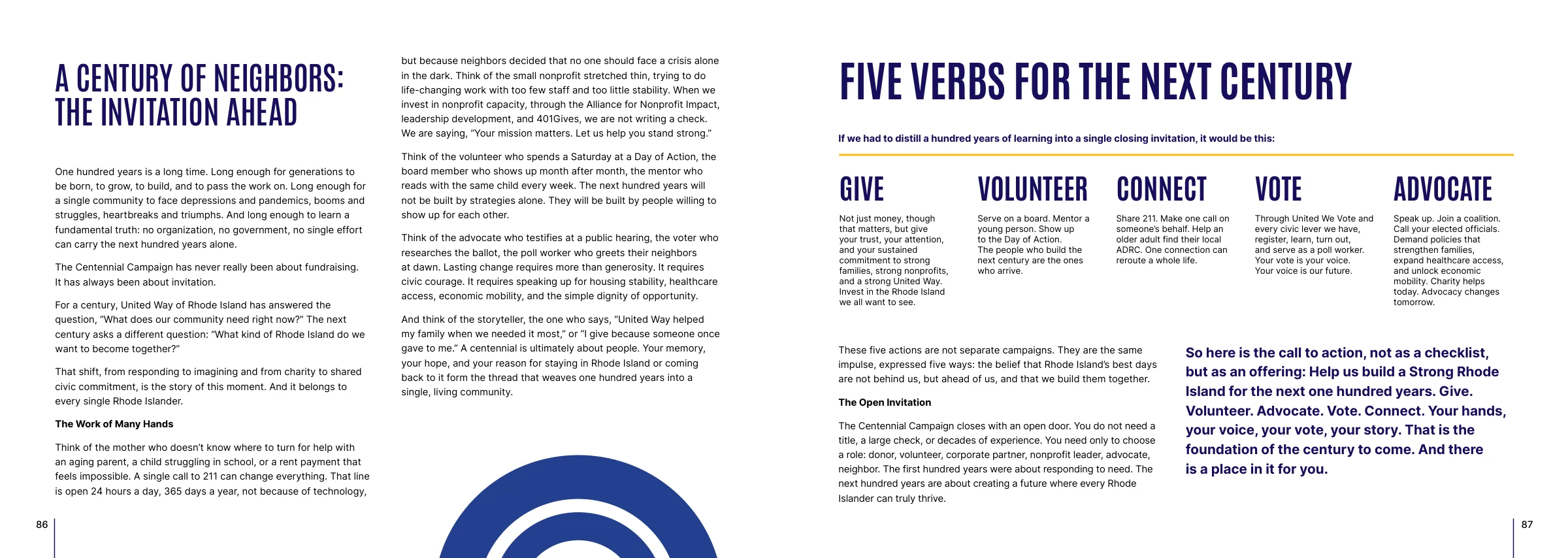 Five verbs for the next century: give, volunteer, connect, vote, advocate