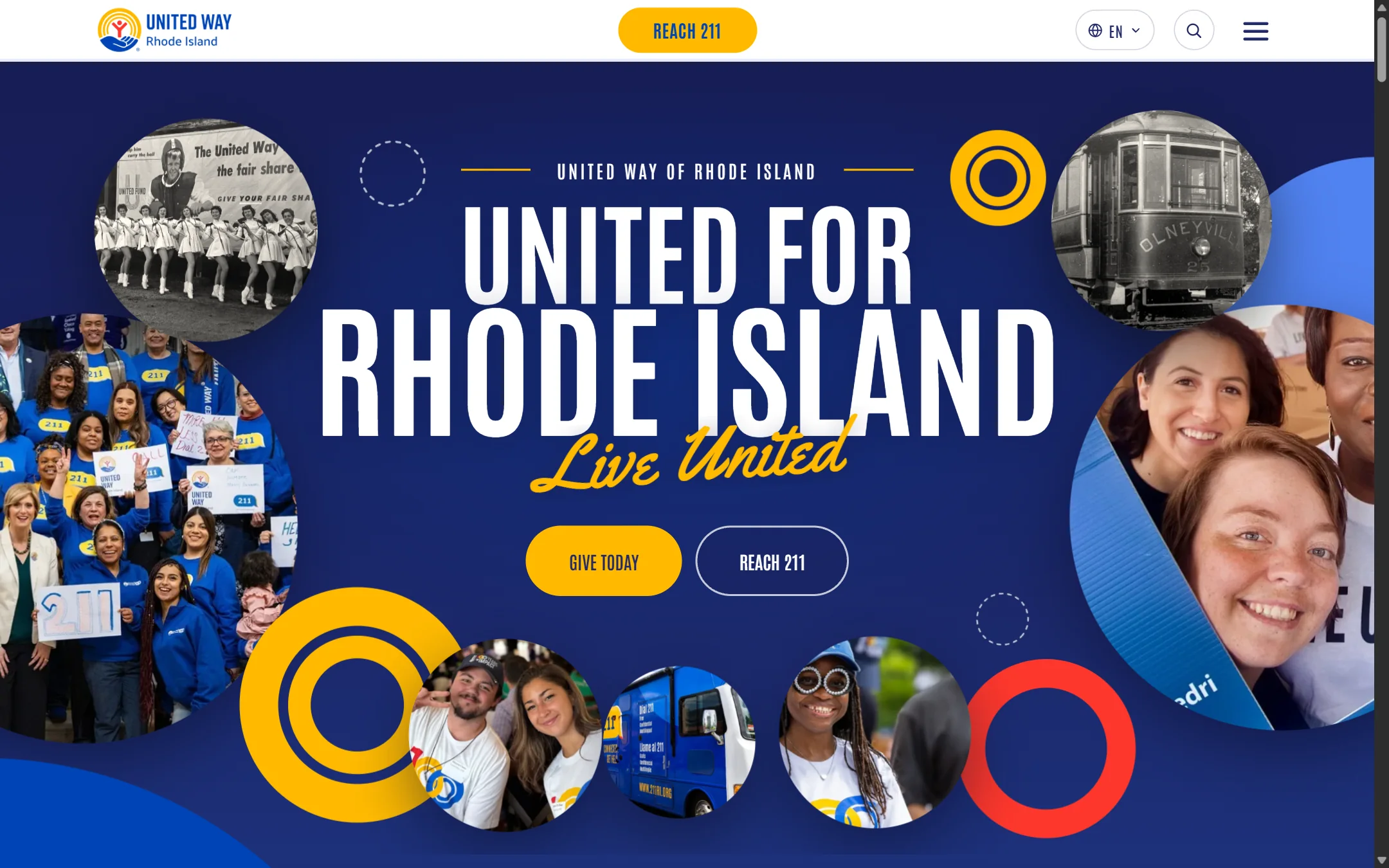 The unitedwayri.org homepage: United for Rhode Island, with photo circles of United Way people past and present